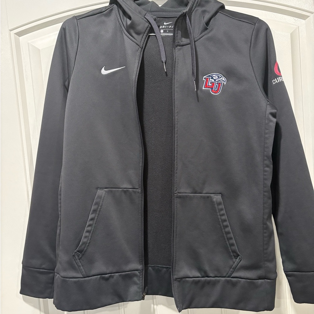 Nike Charcoal Hoodie with Embroidered Logos. Liberty University.